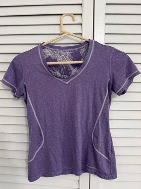 Brooks Equilibrium V-Neck Running Shirt Heather Purple Floral Mesh Back XS